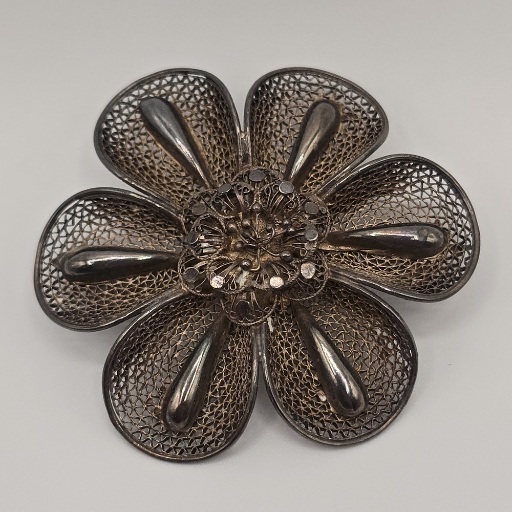 VTG Silver Filigree Flower Floral Brooch Pin 1950s-60s Mid Century Jewelry
